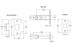 Iver Split Cam Tube Latch with T Striker 60mm specification drawing – Premium architectural tubular latch for interior doors.