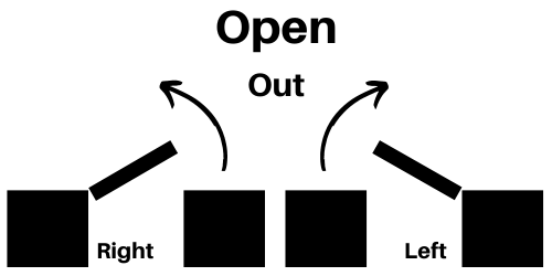 Black drawing showing which way the door swings for left and right hand lift off hinges. The drawing and writing is on a white background.