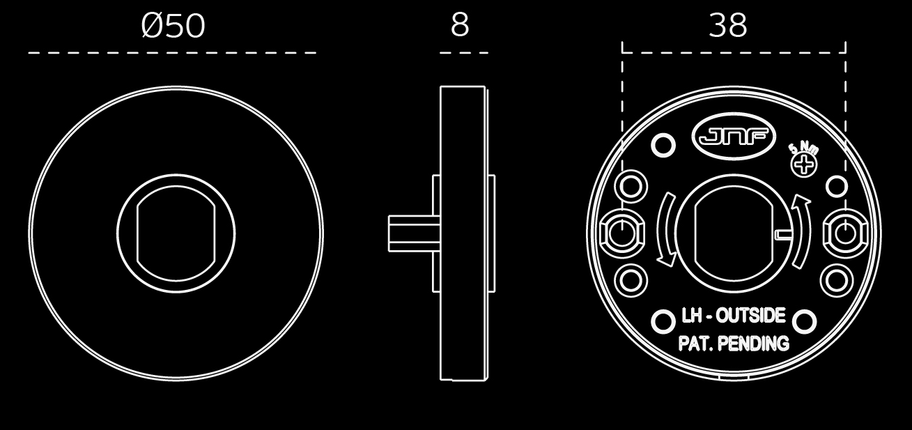 White line drawing of the Round Rosette of the Brooklyn Matt Black Door Handles by Architectural Choice on a black background.