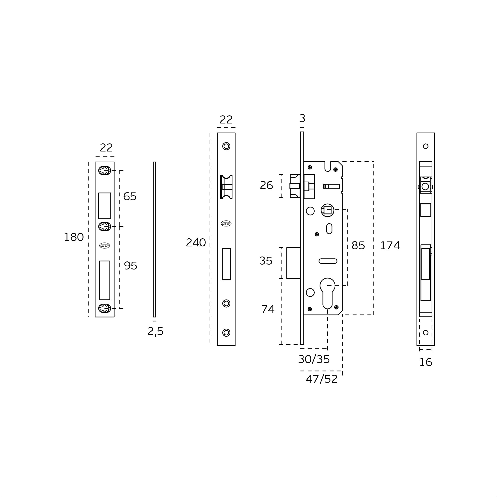 Black specification line drawings of the Narrow Euro Mortice Lock Stainless Steel 30mm by Architectural Choice on a white background.