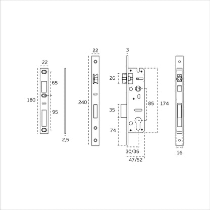 Black specification line drawings of the Narrow Euro Mortice Lock Stainless Steel 30mm by Architectural Choice on a white background.