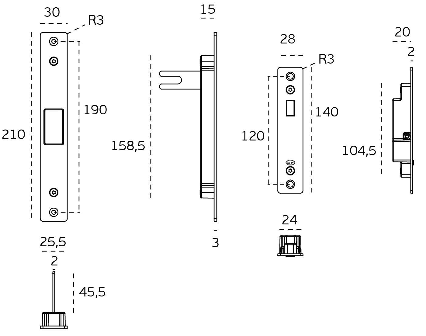 Black specification line drawing of the Pendulum Sliding Door Privacy Kit on a white background.