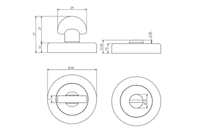 Black and white specification drawing of the Apollo Design Traditional Privacy Turn Round 50mm.
