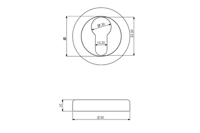 Black and white specification drawing with measurements of the Apollo Design Round Euro Escutcheon 50mm.