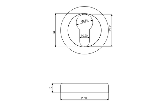 Black and white specification drawing with measurements of the Apollo Design Round Euro Escutcheon 50mm.