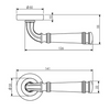Black and white specification drawing with measurements of the Apollo Design Tuscany Door Lever Handle on Round Rose Pair.