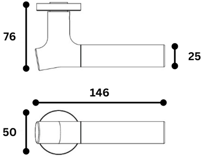 Black specification line drawing with measurements of the Wood Nature Matt Black Oak Door Handle on a white background.