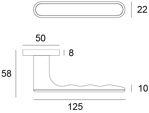 Black line drawing with measurements of the Yokohama Brushed Chrome door handle.