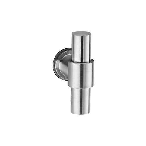 Image of a brushed chrome cabinet knob. It has a white background.