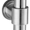 Up close image of a brushed chrome cabinet knob. The image is on a white background.