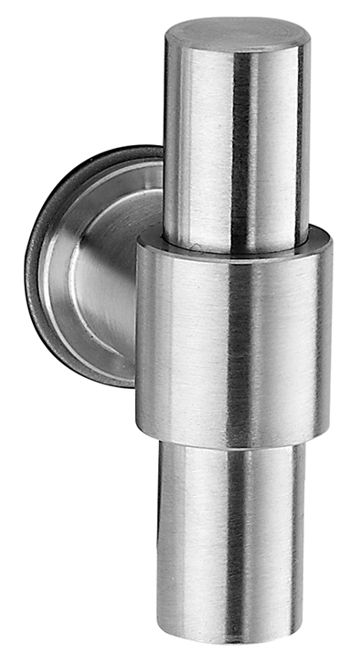 Up close image of a brushed chrome cabinet knob. The image is on a white background.