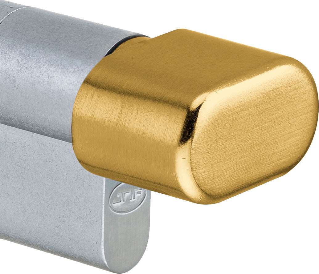 Up close image of the turn design for the Euro Cylinder Key/Turn 70mm Satin Brass by Architectural Choice.
