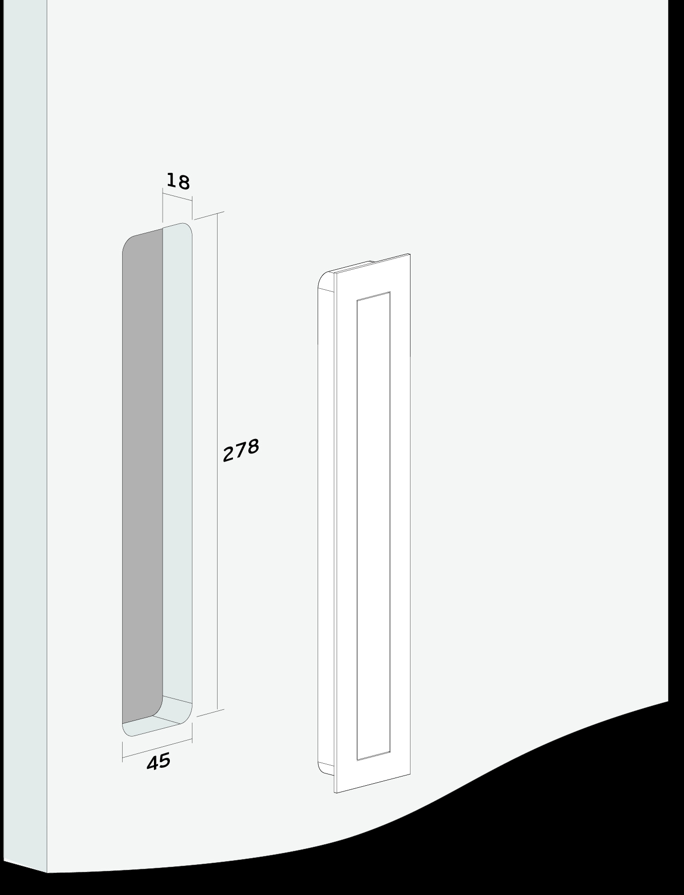 Drawing of a door with the cut out depth required to install the Antique Brass Flush Pull 300mm by Architectural Choice.