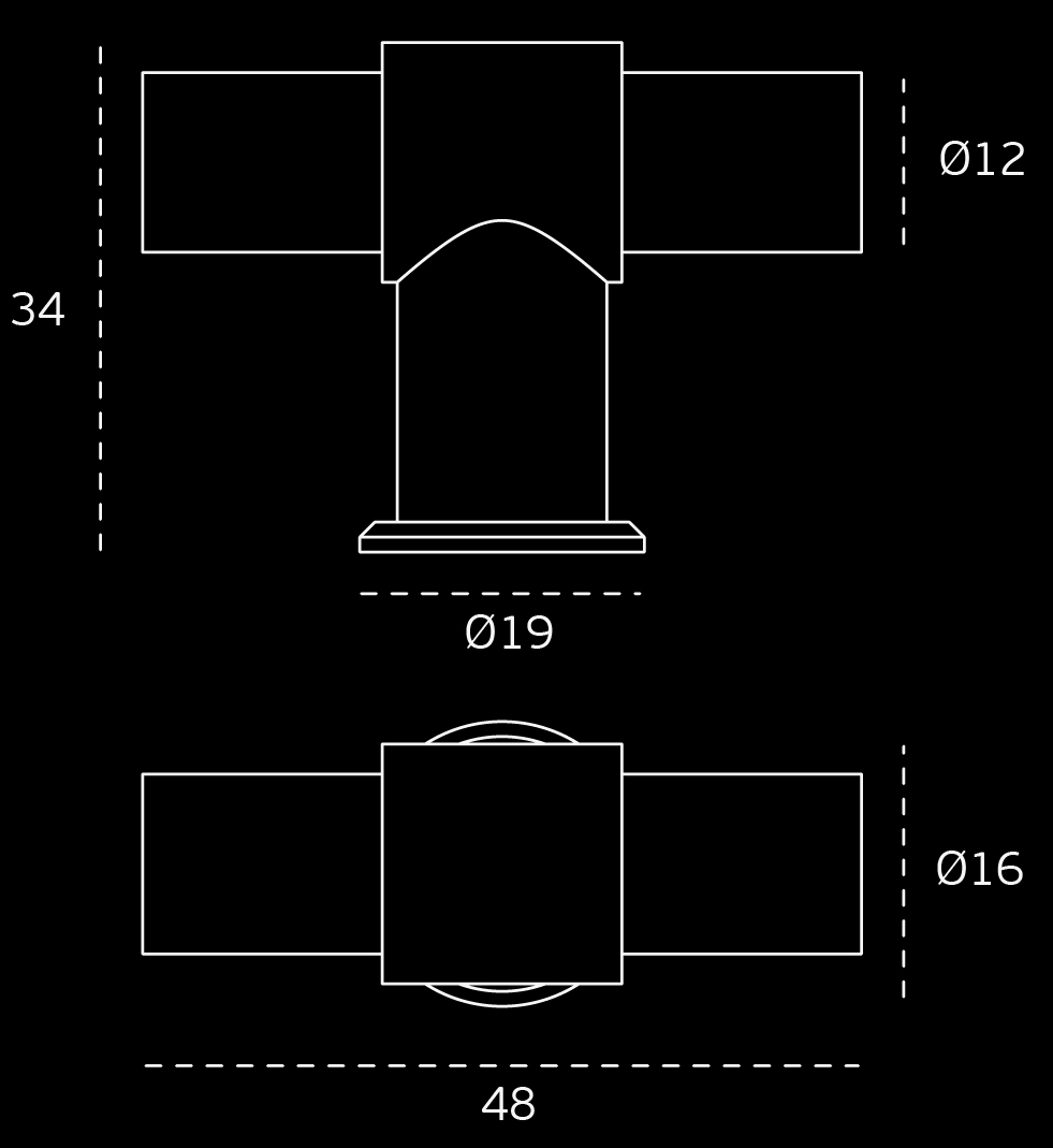 White specification drawings with measurements of the Architectural Choice Brooklyn Brushed Chrome Cabinet Knob on a black background.