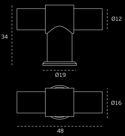 White specification drawings with measurements of the Architectural Choice Brooklyn Brushed Chrome Cabinet Knob on a black background.