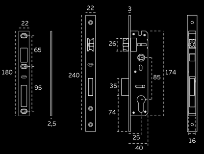 White specification line drawings of the Brushed Chrome Narrow Euro Lock 25mm by Architectural Choice on a black background.