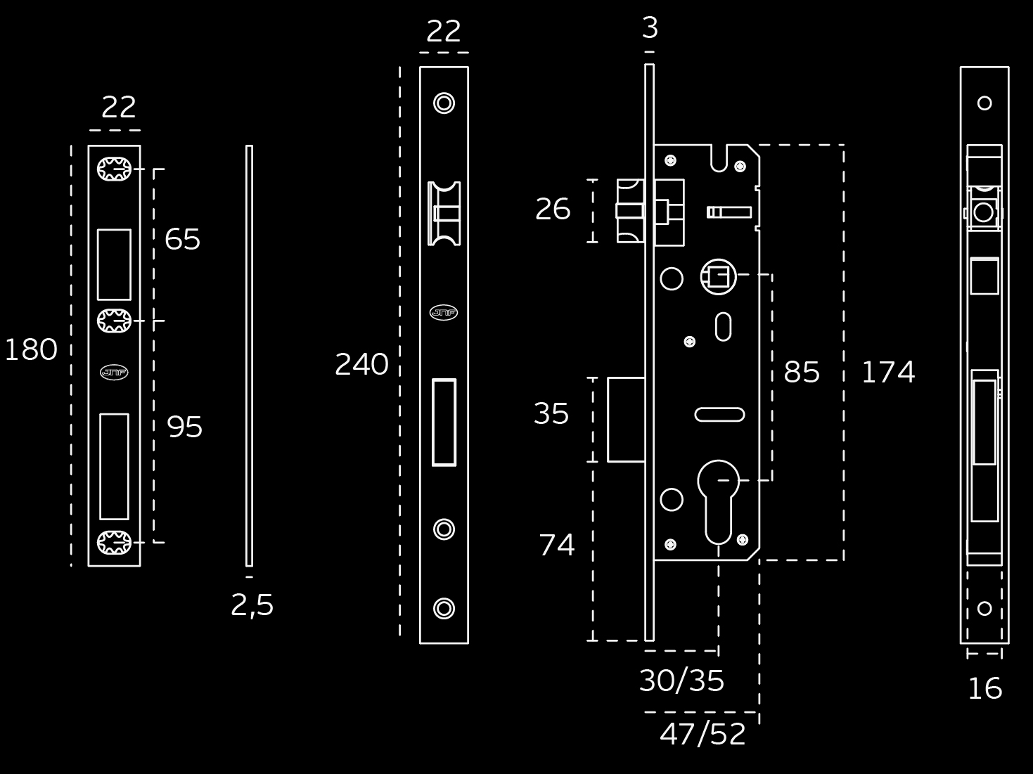 White specification line drawings of the Brushed Chrome Narrow Euro Lock 35mm by Architectural Choice on a black background.