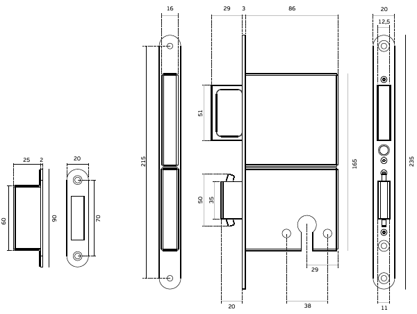 A black line drawing on a white background of the Architectural Choice sliding door euro mortice lock with integrated edge pull. The drawing has complete measurements on it.