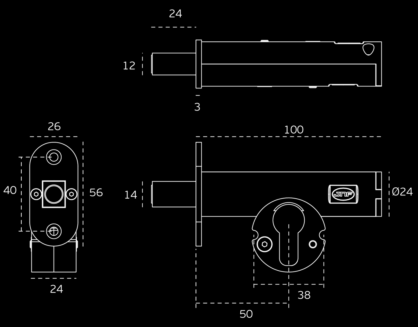 Architectural specification drawings in white on a black background for the euro deadbolt.