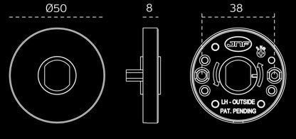 White specification drawing of the Urban Satin Brass Door Handles rosette by Architectural Choice on a black background.