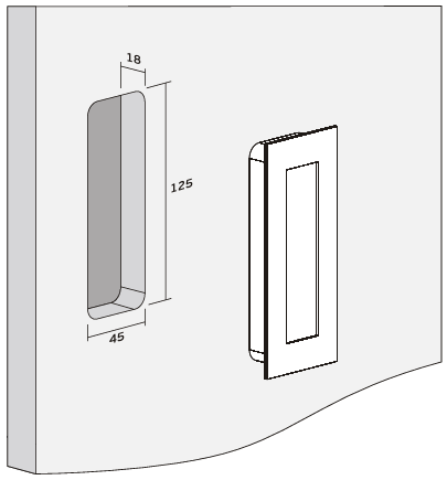 Image of a door with installation dimensions for the Satin Brass Flush Pull 135mm by Architectural Choice.