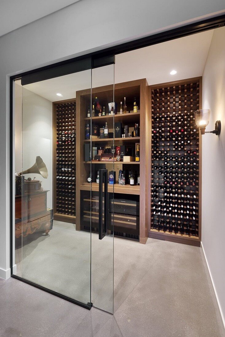 Glass doors leading into a cellar with Toorak pull handles in Matt Black installed.