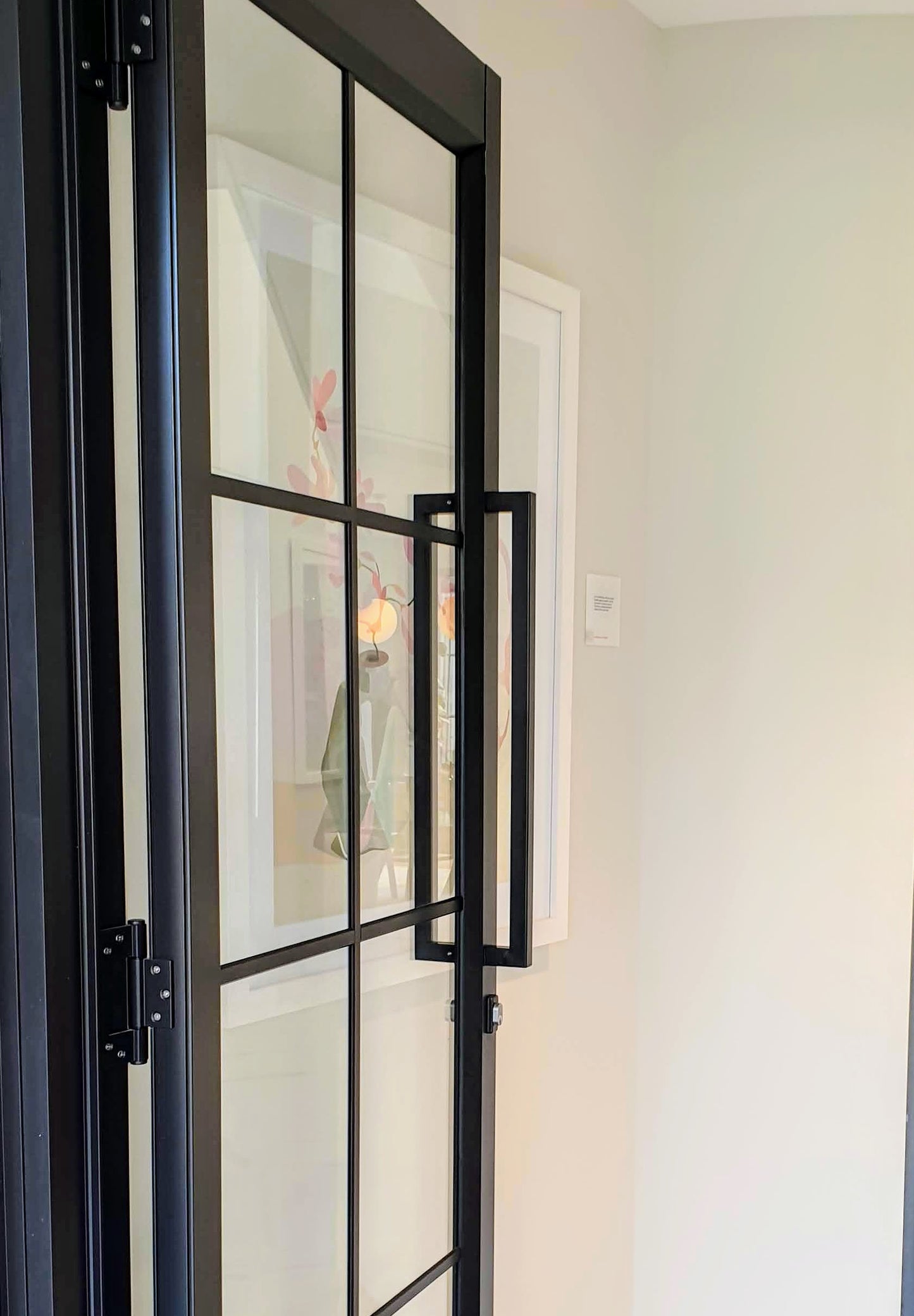 Toorak Matt Black pull handle installed on a glass and wooden door.